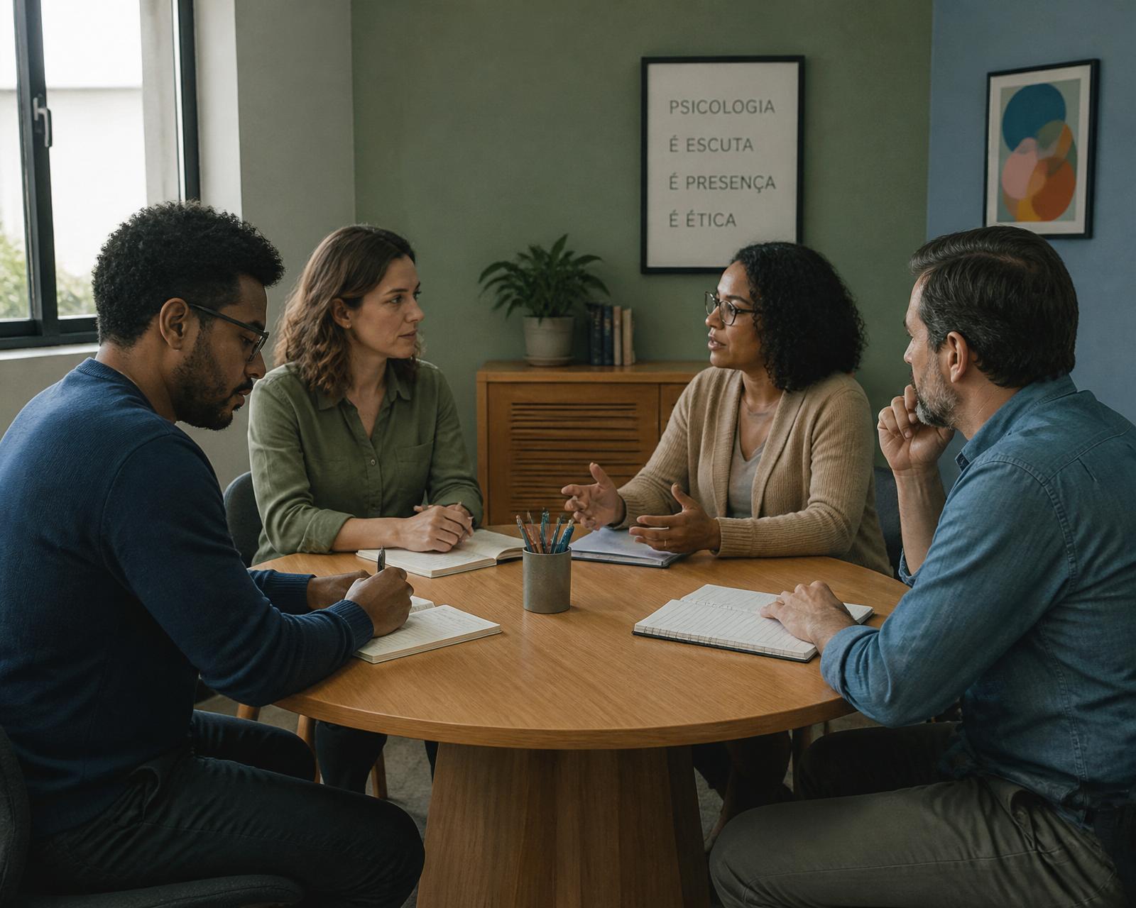 Equipe de psicólogos do projeto Clínica para Todos em reunião de estudo de caso